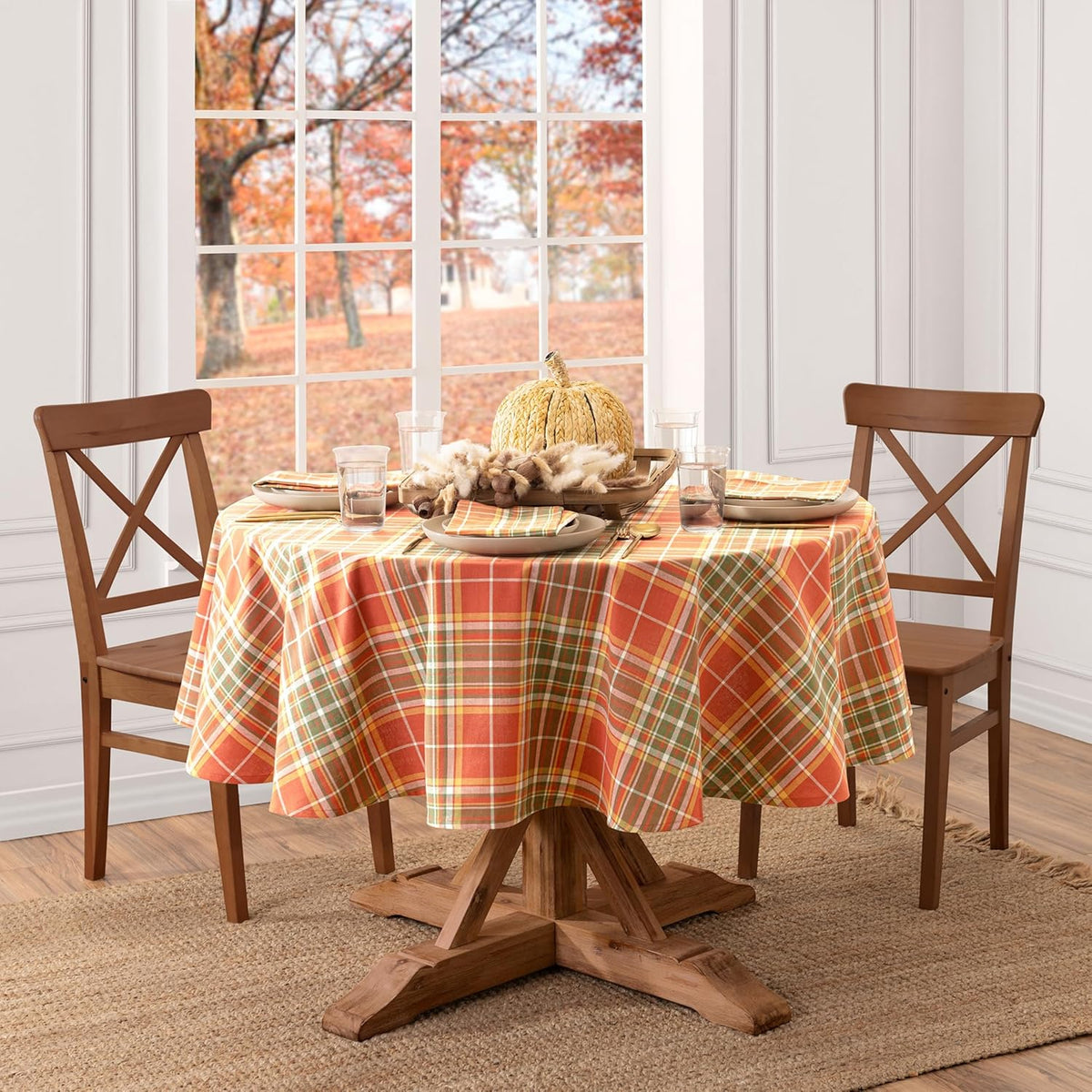 Hawley Plaid Harvest Cotton Tablecloth, Multicolor - 70" W x 70" L Round