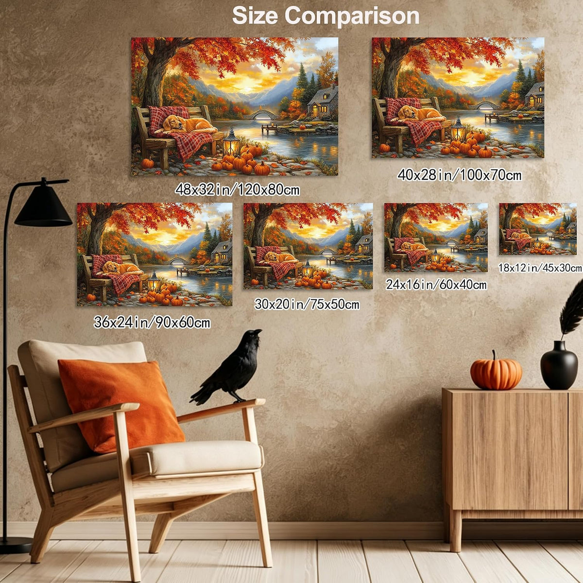 YZDQLANY Canvas Wall Art Autumn Landscape Dog Pumpkin Wall Decor