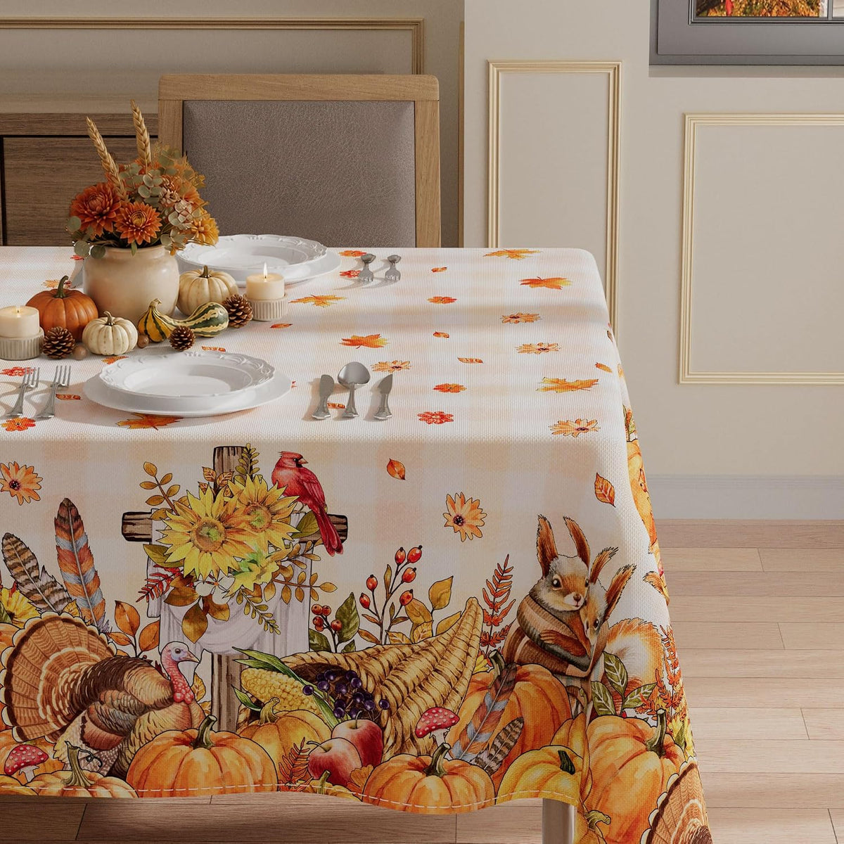 XCHI Fall Harvest Squirrel Turkey Maple Leaves Cross Pumpkin Thanksgiving Tablecloth Rectangle Table Cloth Table Covers for Indoor Dining Home Party Decorations 60x84 Inch