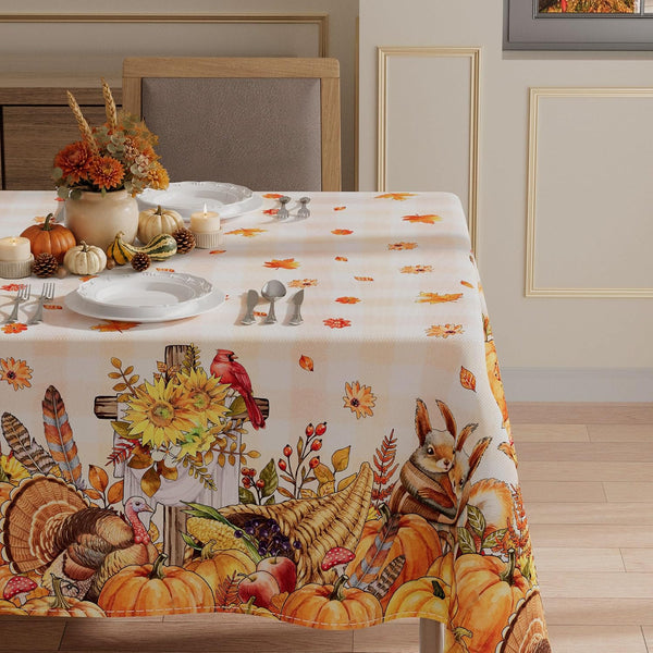 XCHI Fall Harvest Squirrel Turkey Maple Leaves Cross Pumpkin Thanksgiving Tablecloth Rectangle Table Cloth Table Covers for Indoor Dining Home Party Decorations 60x84 Inch