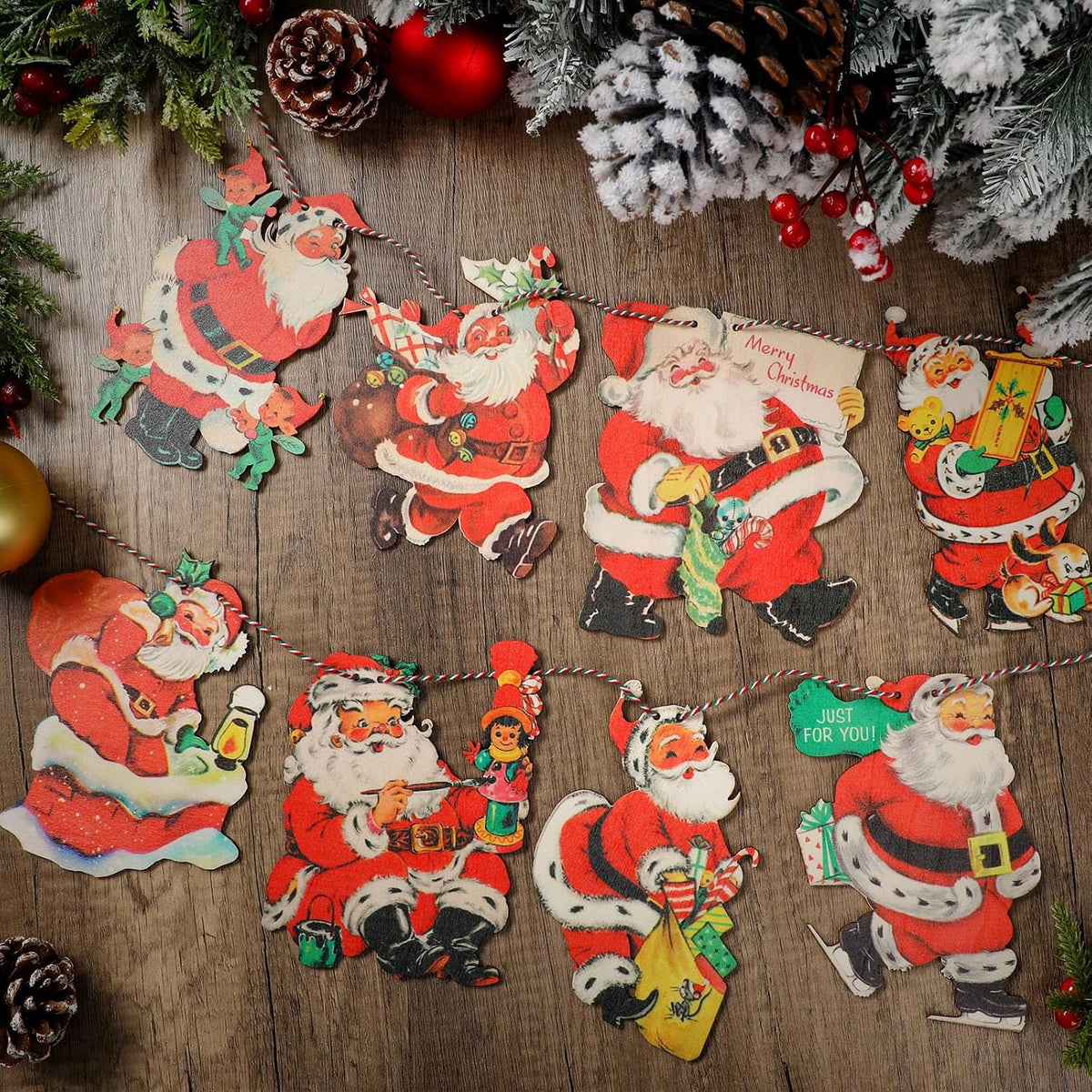 Cinnvoice 6.56 ft Vintage Christmas Banner Santa Hanging Garland Wooden