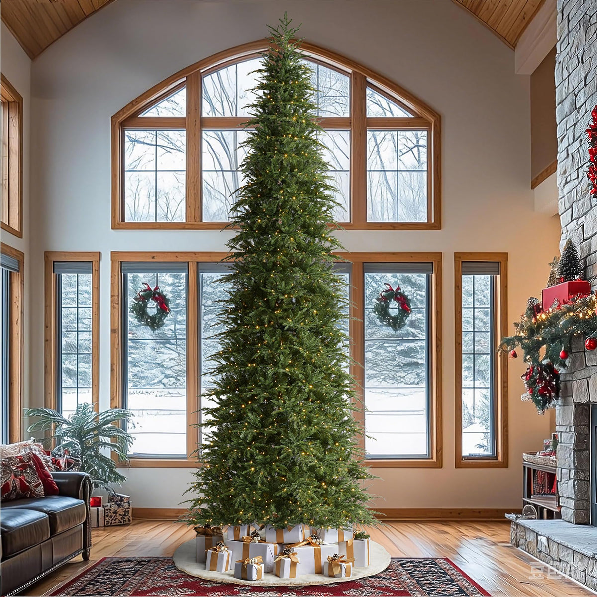 Glitzhome 15ft Prelit Artificial Christmas Tree, Vibrant Evergreen Fir with 5,000 Warm White/Multi-Color Chasing and Twinkling Lights, 13,459 PE&PVC Branch Tips, 9 Function w/Foot Pedal, Simple Setup