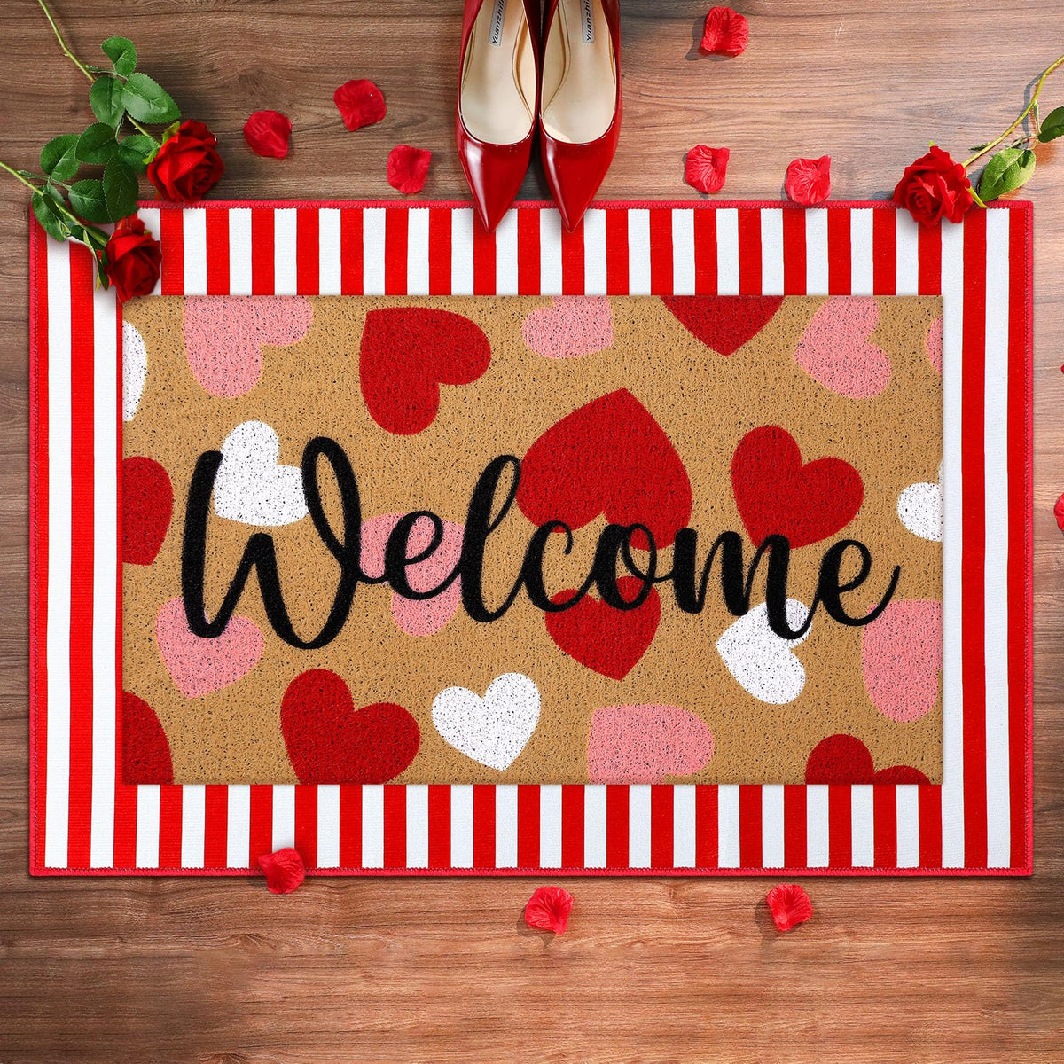 Tinideya 2 23.6 X 35.4 Inches Plaid Ghost Red Brown | Layered Coir Doormat Set, Non Slip Backing for Outdoor Entryway, Buffalo Plaid Seasonal Design, Front Porch Home Decor