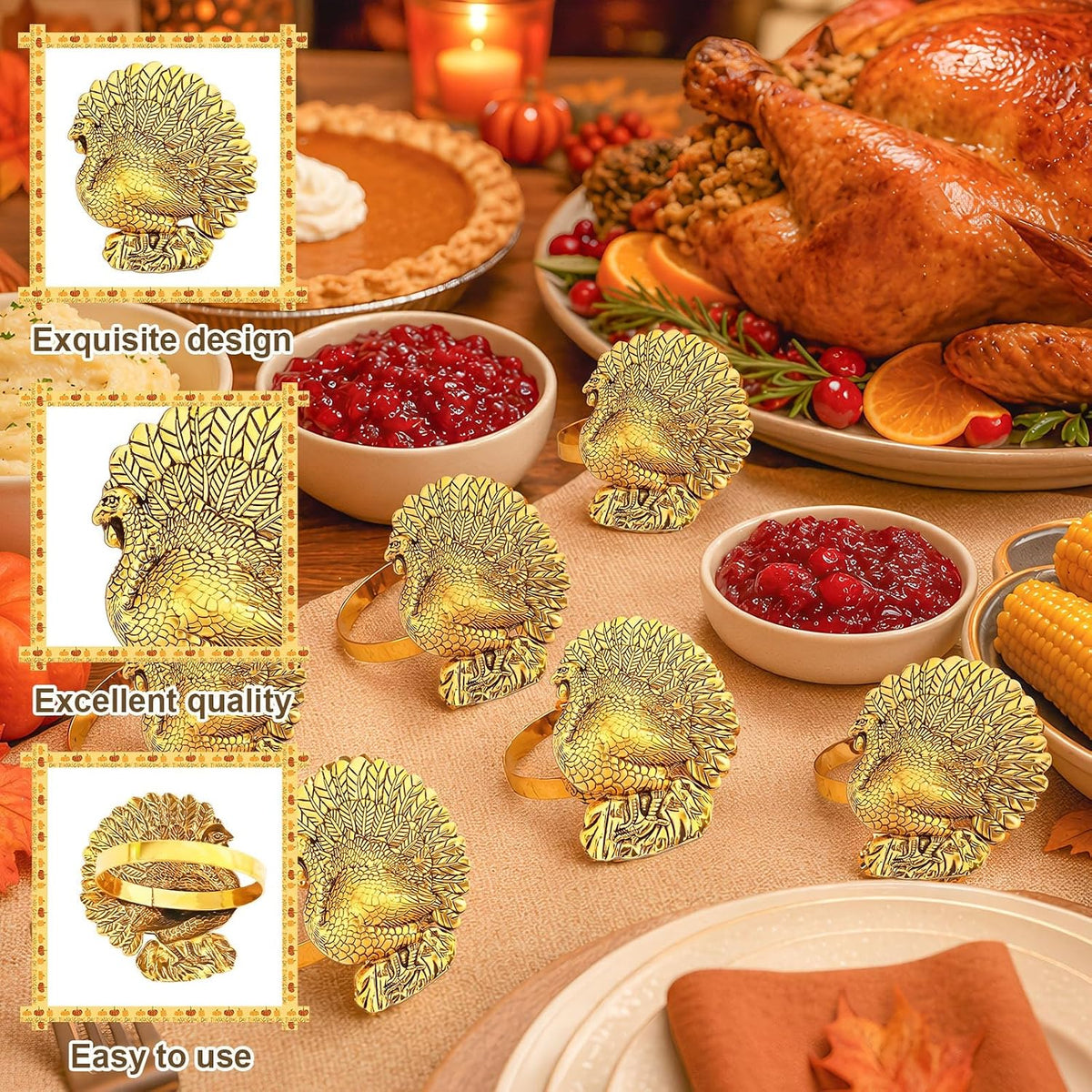 Turkey Napkin Rings Set of 12 Thanksgiving Gold Napkin Holders