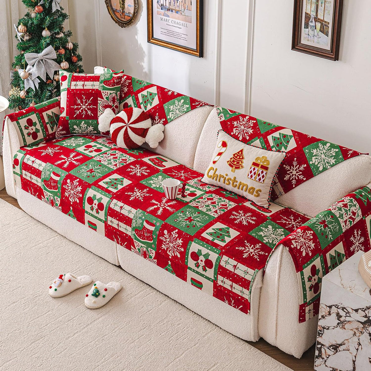 vctops Christmas Couch Cover, Christmas Decorations Soft Chenille Checkered Sofa Cover Washable Non-Slip Sectional Couch Cover for Dogs, Children, Pets Furniture Protector (Red,28"x28")