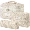 HBselect Quilted Makeup Bag, 3PCS Cotton Large Travel Makeup Bag, Cute Floral Coquette Make up Bag Cosmetic Bag Toiletry Bag for Women Girls