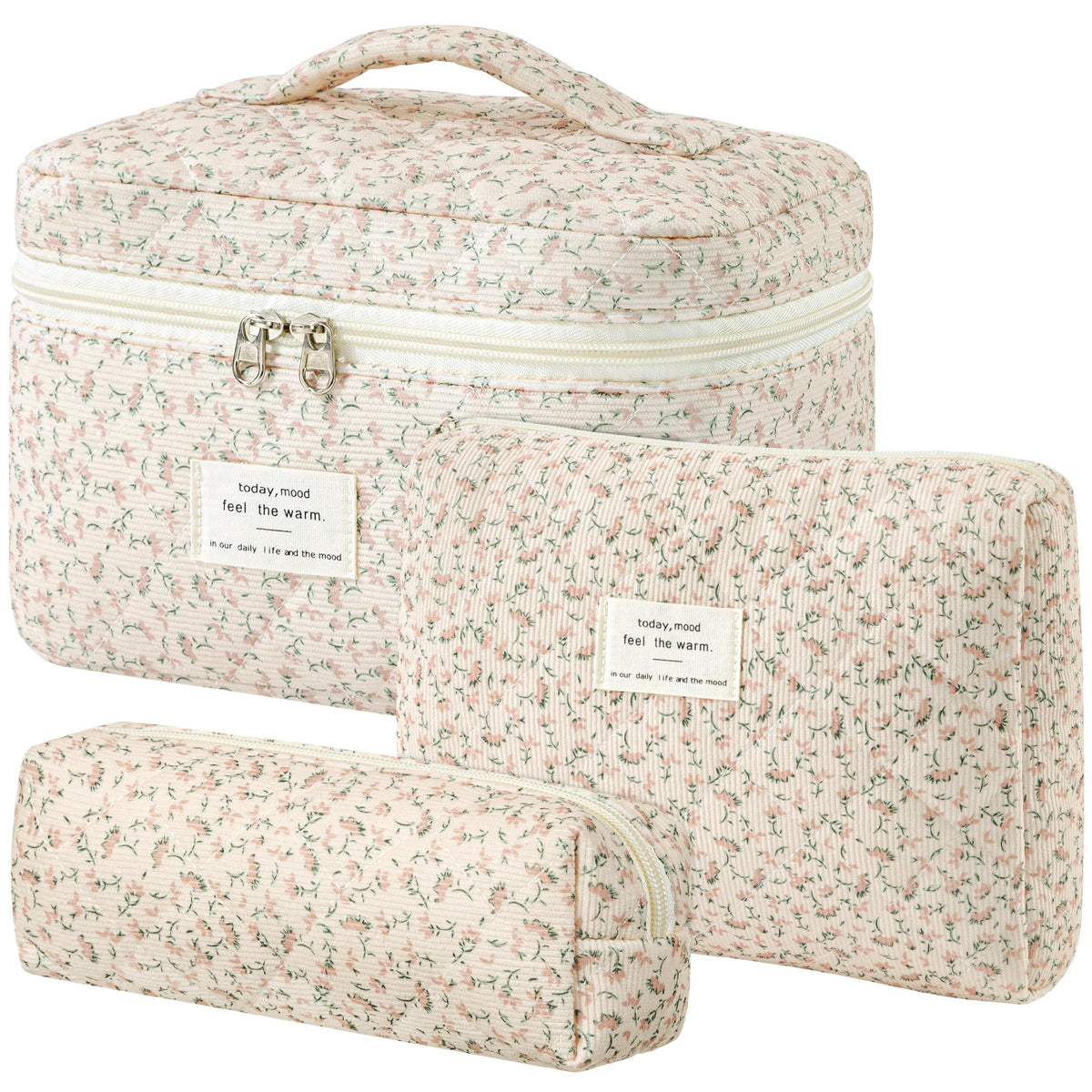 HBselect Quilted Makeup Bag, 3PCS Cotton Large Travel Makeup Bag, Cute Floral Coquette Make up Bag Cosmetic Bag Toiletry Bag for Women Girls