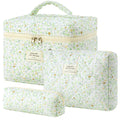HBselect Quilted Makeup Bag, 3PCS Cotton Large Travel Makeup Bag, Cute Floral Coquette Make up Bag Cosmetic Bag Toiletry Bag for Women Girls