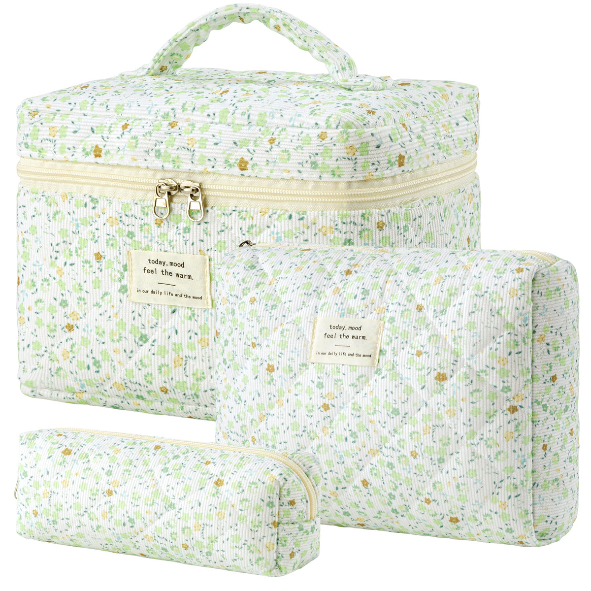 HBselect Quilted Makeup Bag, 3PCS Cotton Large Travel Makeup Bag, Cute Floral Coquette Make up Bag Cosmetic Bag Toiletry Bag for Women Girls
