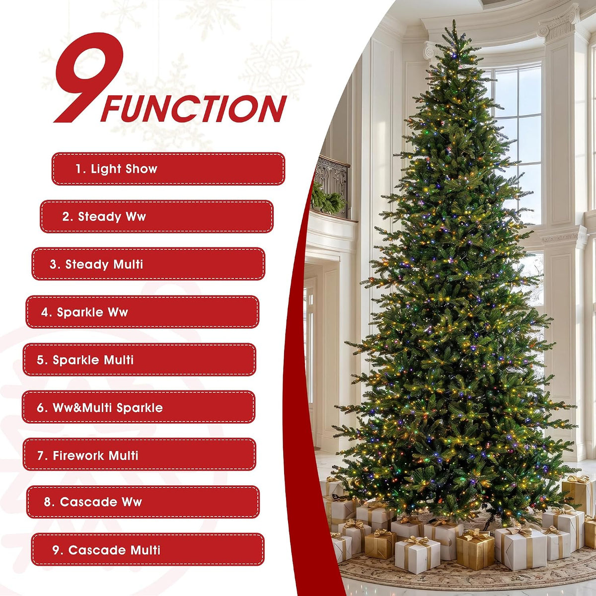 Glitzhome 15ft Prelit Artificial Christmas Tree, Vibrant Evergreen Fir with 5,000 Warm White/Multi-Color Chasing and Twinkling Lights, 13,459 PE&PVC Branch Tips, 9 Function w/Foot Pedal, Simple Setup