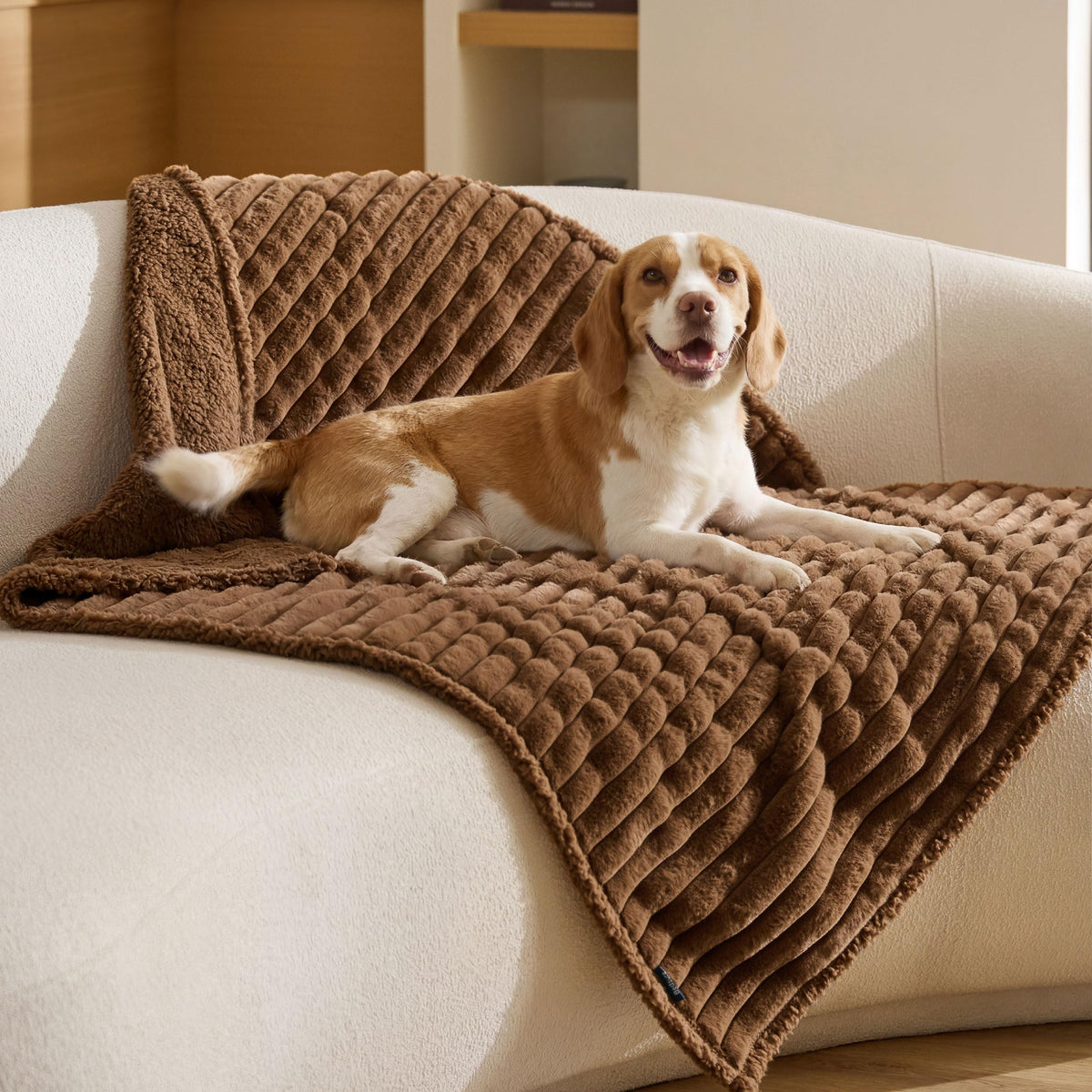 Bedsure ComfyFleece™ Waterproof Dog Blankets for Large Dogs,50x60 Cream | Soft Plush Couch Cover,Washable Corduroy Fleece for Furniture Protector,Cozy Calming Reversible Pet Blanket for Senior Dogs