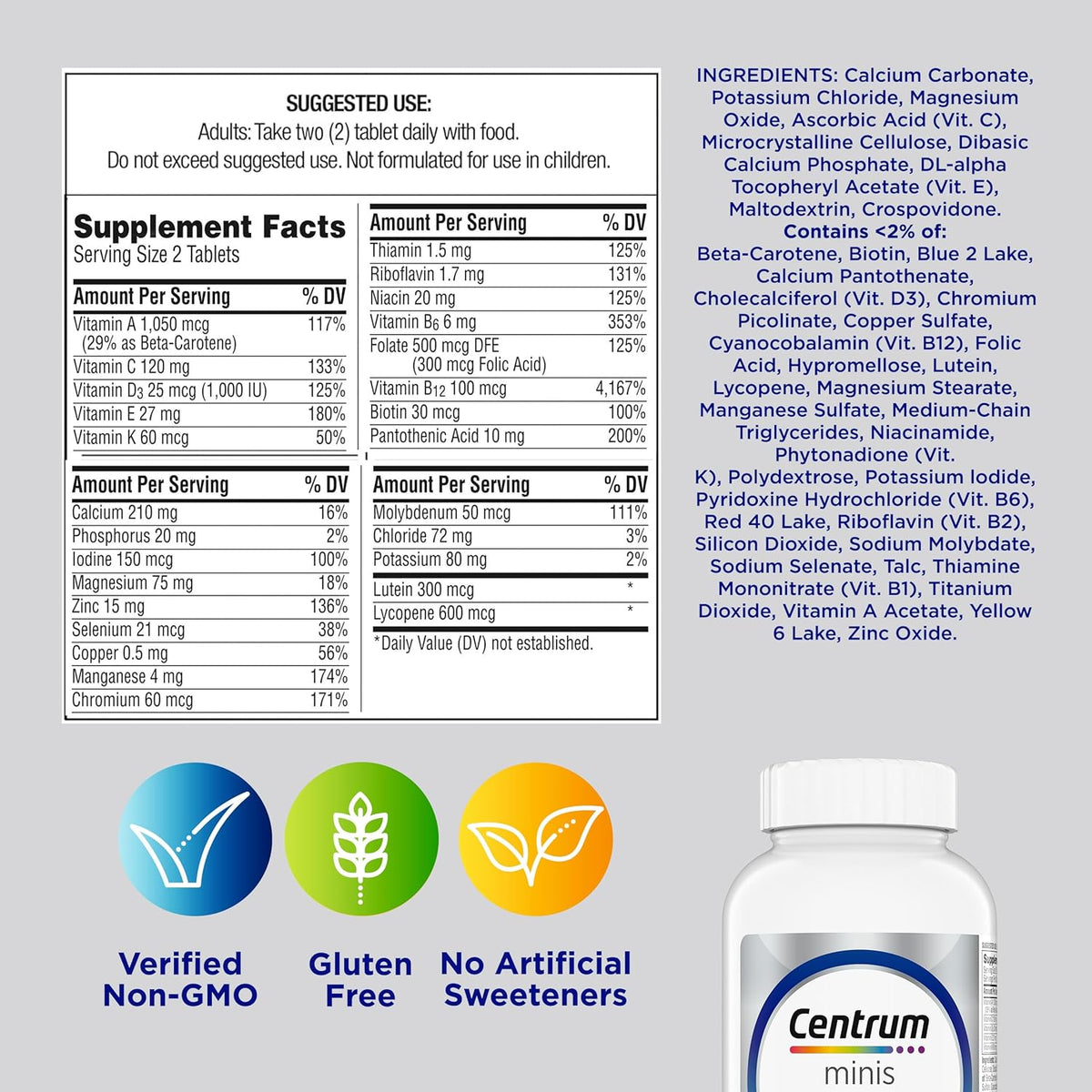Centrum Minis Silver Multivitamin for Men 50 Plus, Multivitamin/Multimineral Supplement, Vitamin D3, B-Vitamins and Zinc, Non-GMO Ingredients, Supports Memory and Cognition in Older Adults - 280 Ct