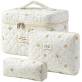 HBselect Quilted Makeup Bag, 3PCS Cotton Large Travel Makeup Bag, Cute Floral Coquette Make up Bag Cosmetic Bag Toiletry Bag for Women Girls