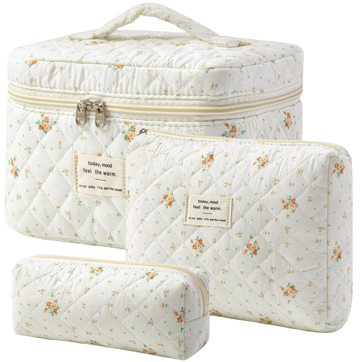 HBselect Quilted Makeup Bag, 3PCS Cotton Large Travel Makeup Bag, Cute Floral Coquette Make up Bag Cosmetic Bag Toiletry Bag for Women Girls