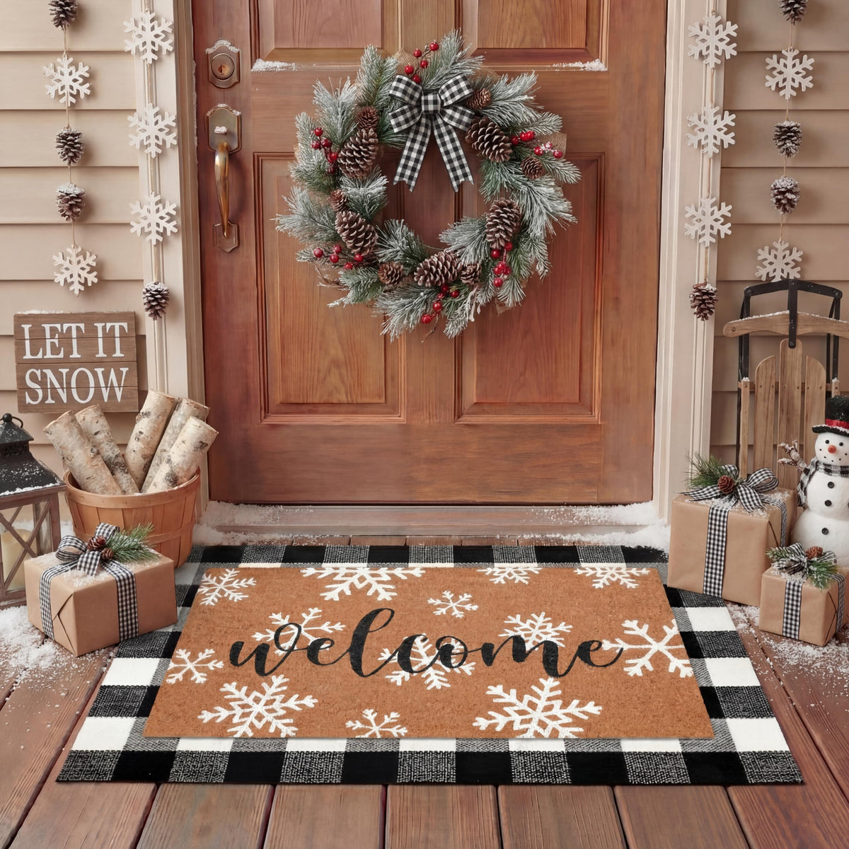 Tinideya 2 23.6 X 35.4 Inches Plaid Ghost Red Brown | Layered Coir Doormat Set, Non Slip Backing for Outdoor Entryway, Buffalo Plaid Seasonal Design, Front Porch Home Decor