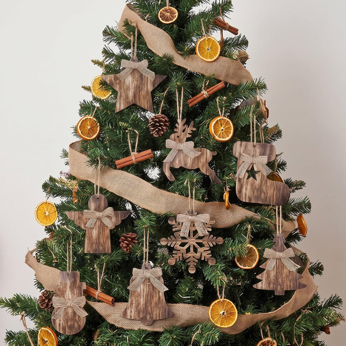 8 Pcs Rustic Christmas Tree Ornaments, Farmhouse Wooden Christmas Ornament