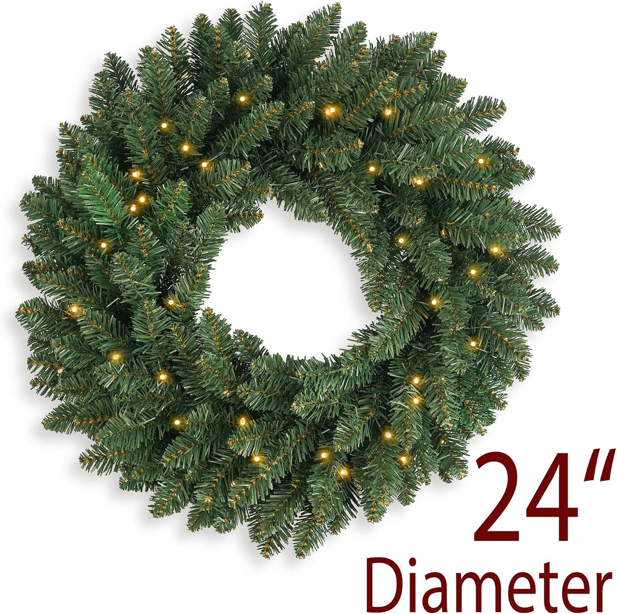 Christmas Wreath Pre Lighted 24 inch with 50 Led, Battery Operated Artificial Christmas Wreaths for Front Door with Lights, Green Christmas Decoration for Door Windows Wall