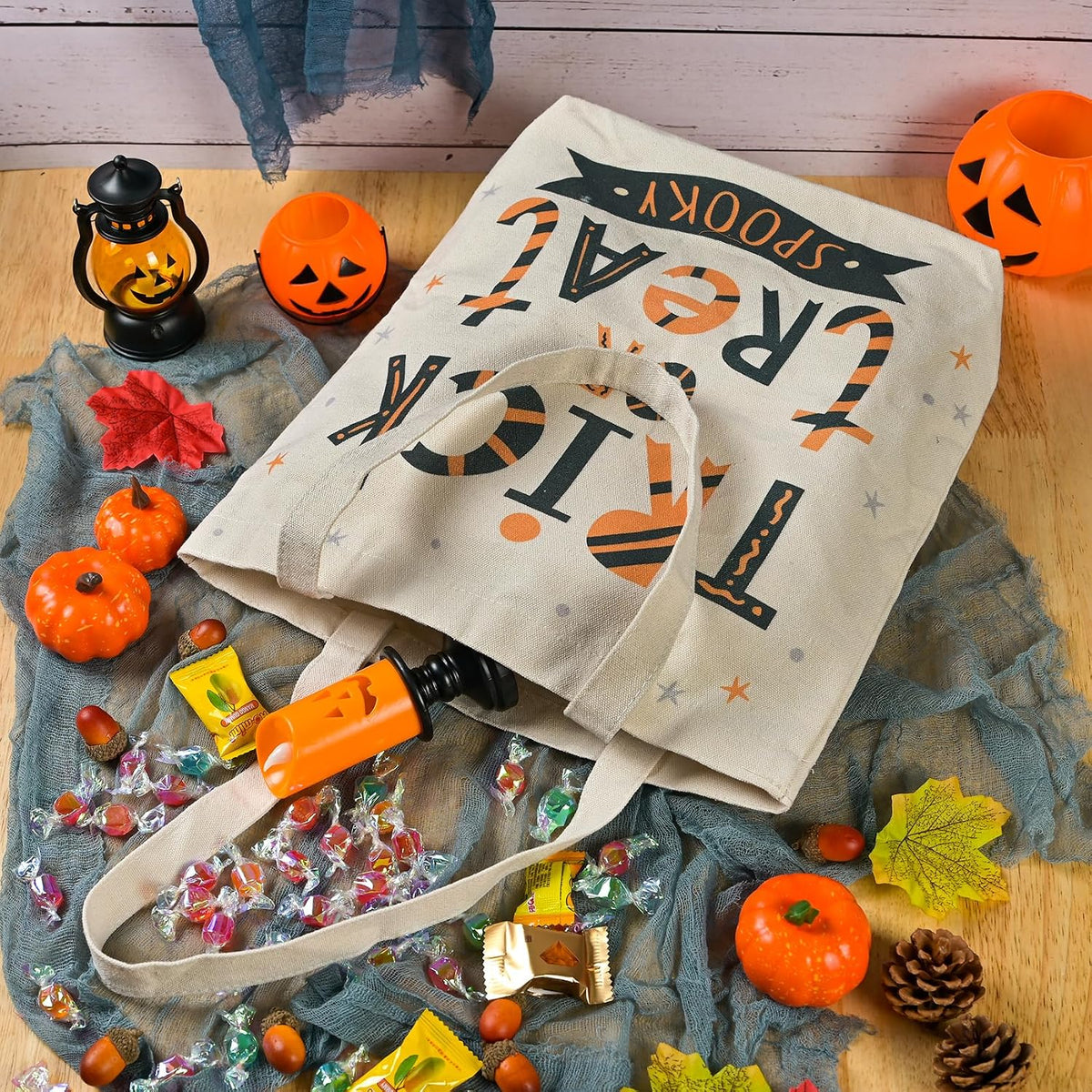 ATFUNSHOP 13.8" Large Halloween Tote Bag Trick or Treat Canvas Reusable Large Bucket for Kids Boo Pumpkin Ghost