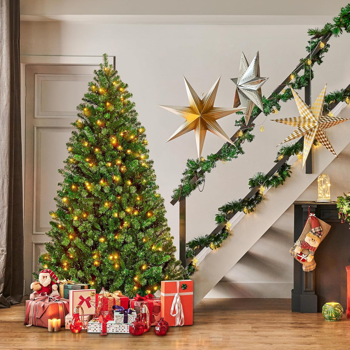 Yaheetech 6ft Pre-lit Christmas Tree with 300 Warm White Lights, Green
