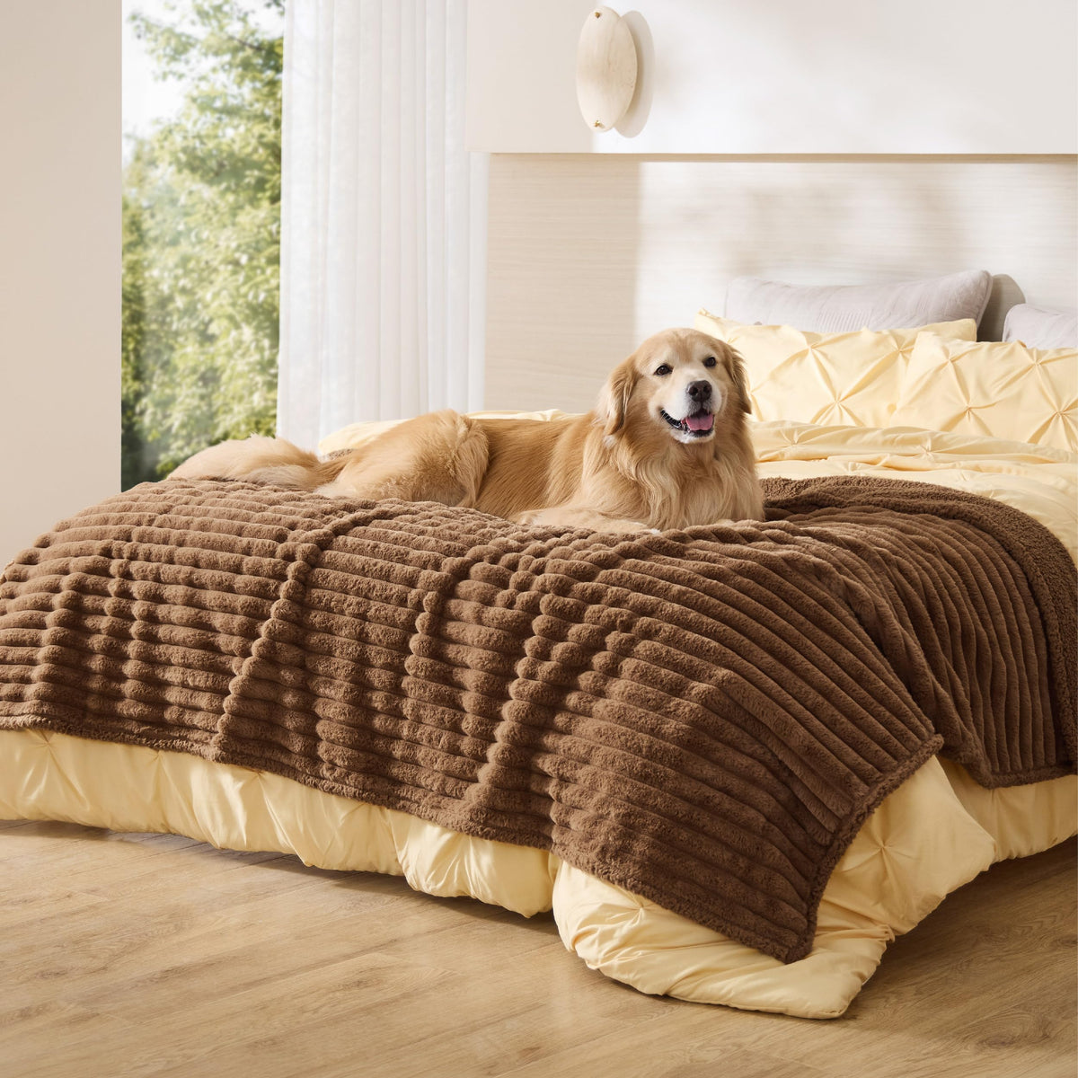 Bedsure ComfyFleece™ Waterproof Dog Blankets for Large Dogs,50x60 Cream | Soft Plush Couch Cover,Washable Corduroy Fleece for Furniture Protector,Cozy Calming Reversible Pet Blanket for Senior Dogs