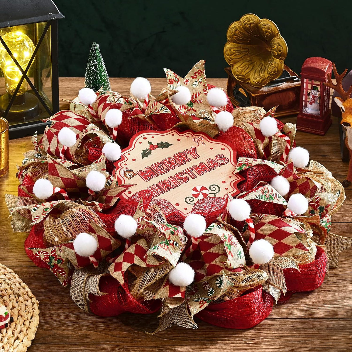 Christmas Wreath for Front Door, Mesh Wreath with Red Gold Ribbon