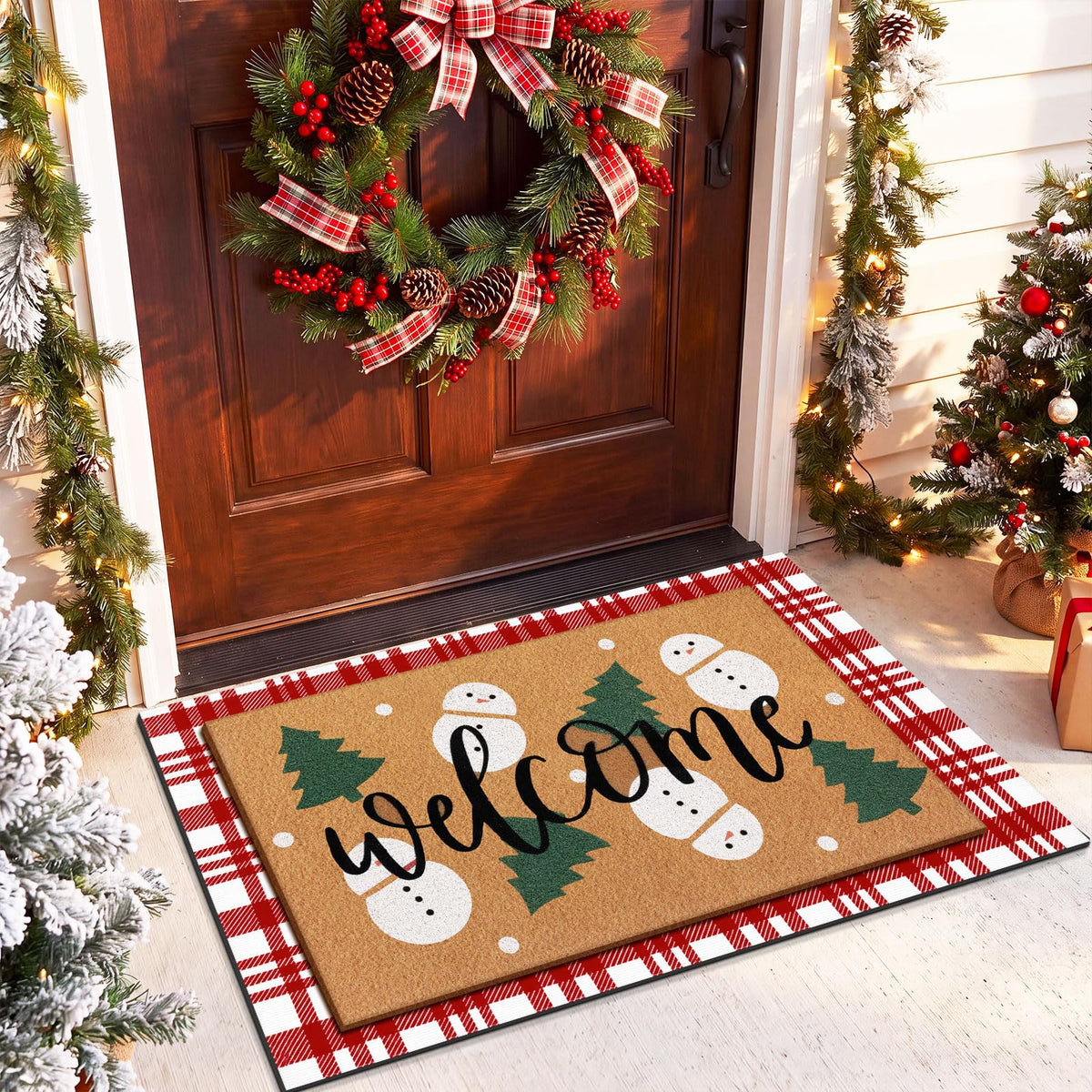 Tinideya 2 23.6 X 35.4 Inches Plaid Ghost Red Brown | Layered Coir Doormat Set, Non Slip Backing for Outdoor Entryway, Buffalo Plaid Seasonal Design, Front Porch Home Decor