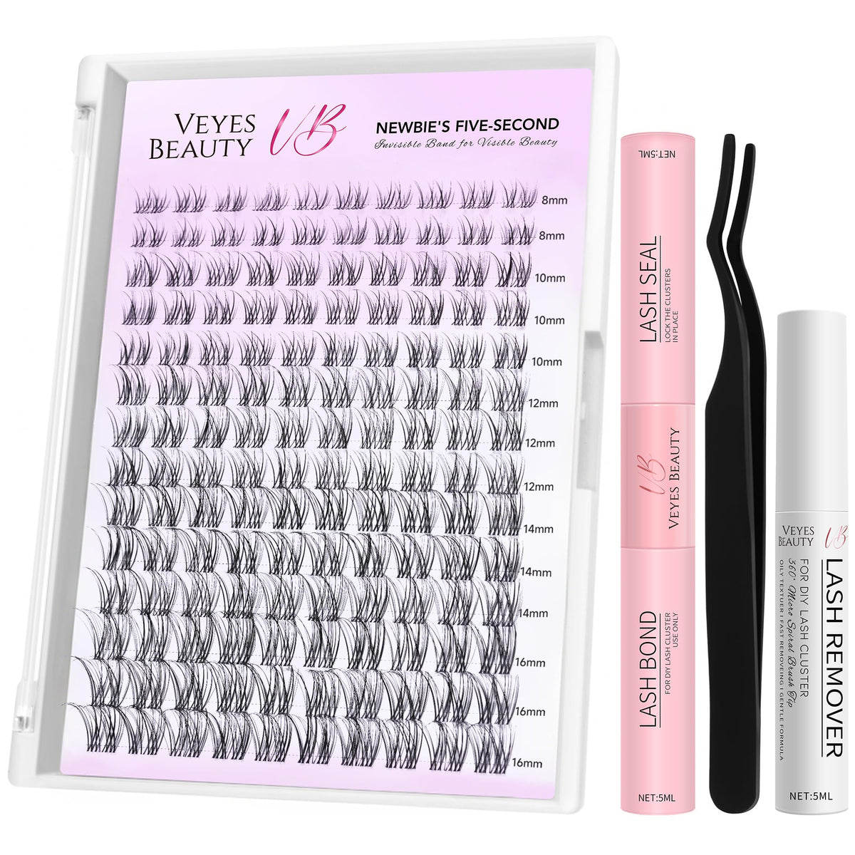 VEYESBEAUTY Lash Clusters Individual Eyelash Extensions Thin & Invisible Band DIY False Eyelashes for Self-application Newbie's Five-Second Series Wispy Lash Tray, Dreamy 8-16mm Mixed Length