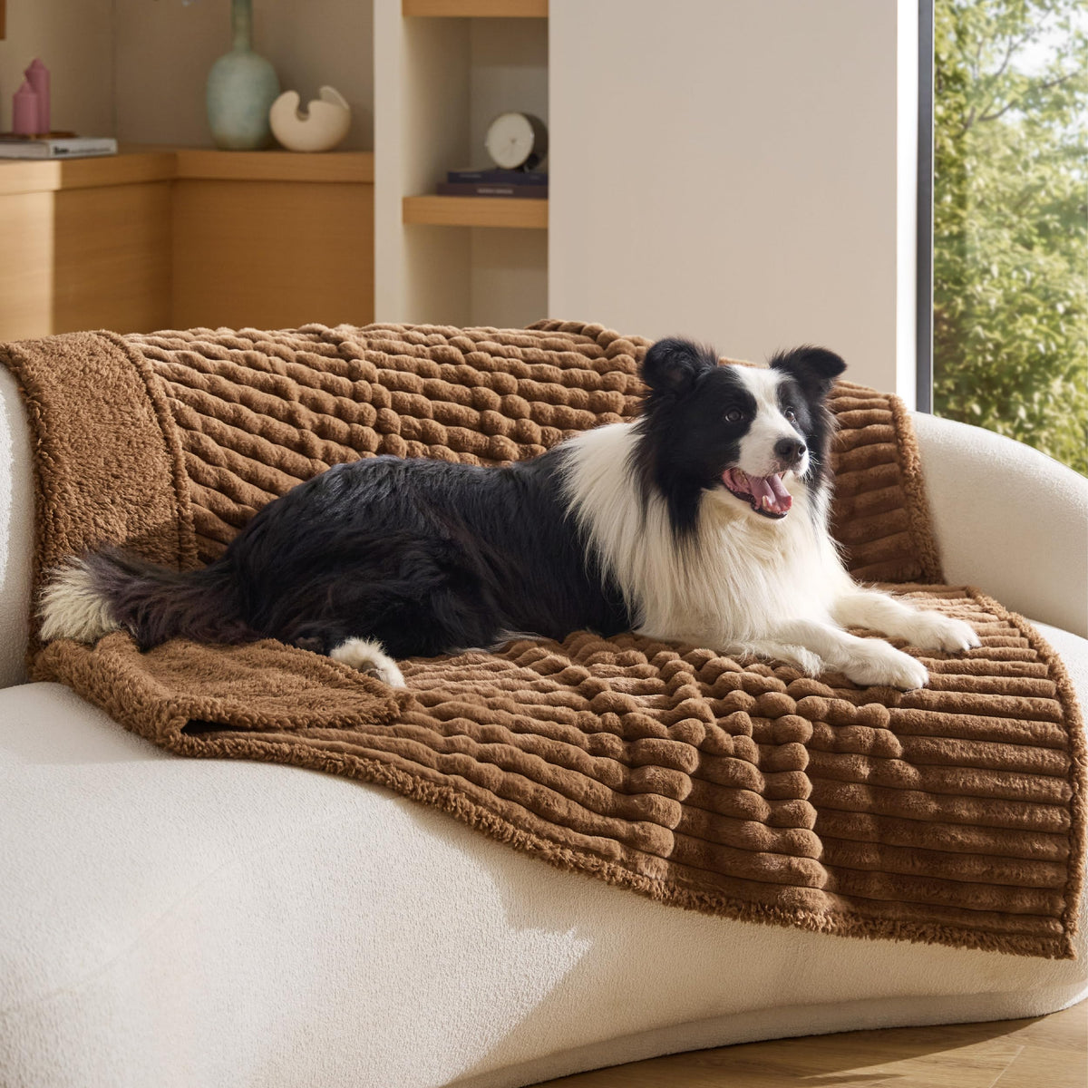 Bedsure ComfyFleece™ Waterproof Dog Blankets for Large Dogs,50x60 Cream | Soft Plush Couch Cover,Washable Corduroy Fleece for Furniture Protector,Cozy Calming Reversible Pet Blanket for Senior Dogs