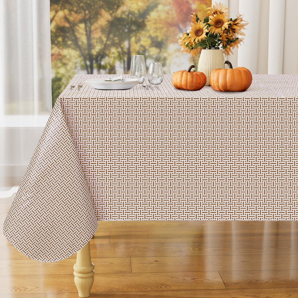 Rectangle Waterproof Vinyl Table Cloth, Wipeable Tablecloth with Flannel Backing, Plastic Table Cover for Fall, Thanksgiving (Pumpkin, 52" x 70")