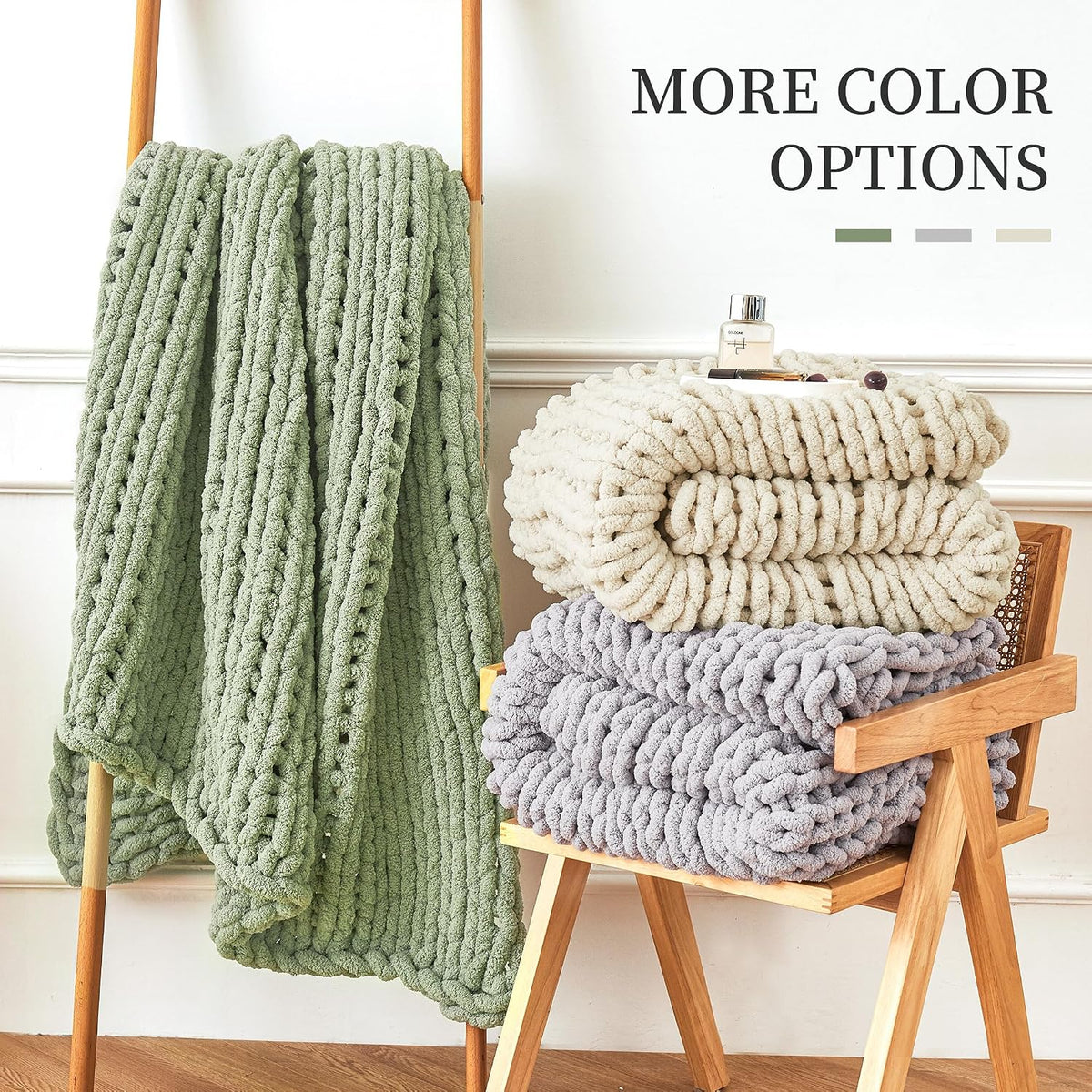 Chunky Knit Blanket Throw for Couch, 51"x63" Chunky Yarn Knitted Blankets | 100% Hand Knit Thick Chenille, Soft Breathable for Bed, Sofa, Home Decor, Cozy Gifts for Women Friends, Sage Green