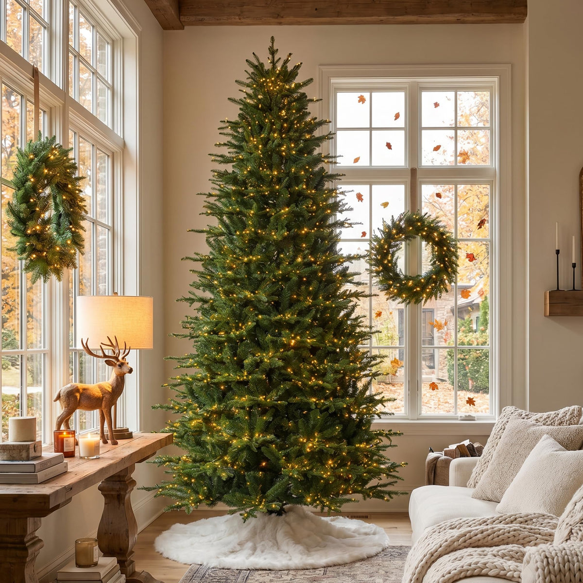 Glitzhome 15ft Prelit Artificial Christmas Tree, Vibrant Evergreen Fir with 5,000 Warm White/Multi-Color Chasing and Twinkling Lights, 13,459 PE&PVC Branch Tips, 9 Function w/Foot Pedal, Simple Setup