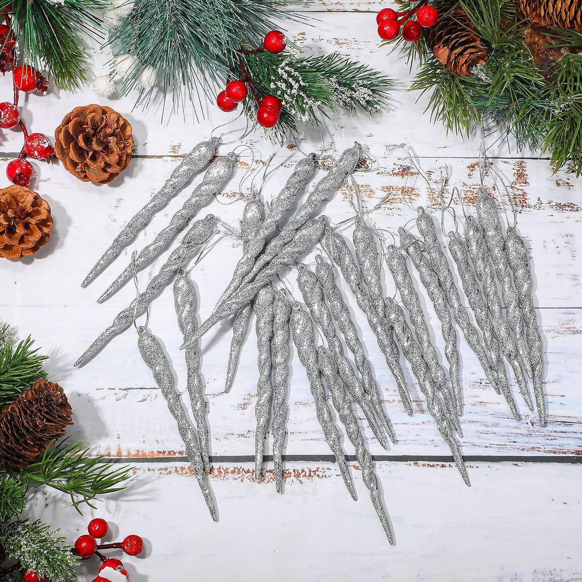 Aoriher 40 Pieces Christmas Glitter Icicle Ornaments, Silver