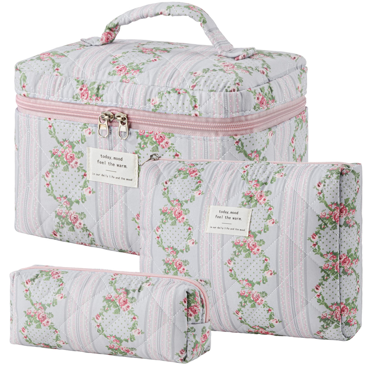 HBselect Quilted Makeup Bag, 3PCS Cotton Large Travel Makeup Bag, Cute Floral Coquette Make up Bag Cosmetic Bag Toiletry Bag for Women Girls