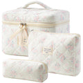 HBselect Quilted Makeup Bag, 3PCS Cotton Large Travel Makeup Bag, Cute Floral Coquette Make up Bag Cosmetic Bag Toiletry Bag for Women Girls