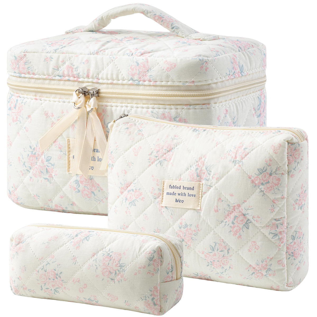 HBselect Quilted Makeup Bag, 3PCS Cotton Large Travel Makeup Bag, Cute Floral Coquette Make up Bag Cosmetic Bag Toiletry Bag for Women Girls