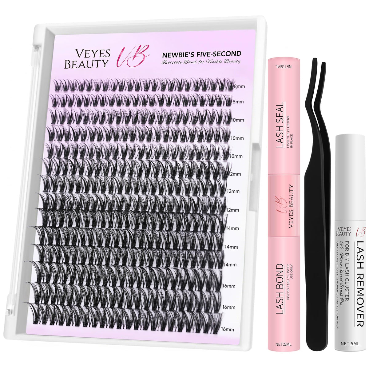 VEYESBEAUTY Lash Clusters Individual Eyelash Extensions Thin & Invisible Band DIY False Eyelashes for Self-application Newbie's Five-Second Series Wispy Lash Tray, Dreamy 8-16mm Mixed Length