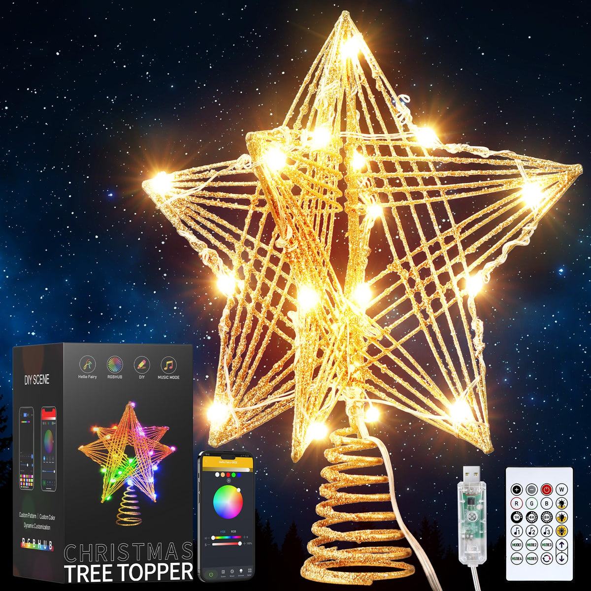 ODEETRONIC Christmas Star Tree Topper Lights, 9.5in UL Certified 3D Star Tree Topper, Double Sided Christmas Tree-top with 10 Count Incandescent Warm White Lights for Xmas Tree Home Decor, Gold