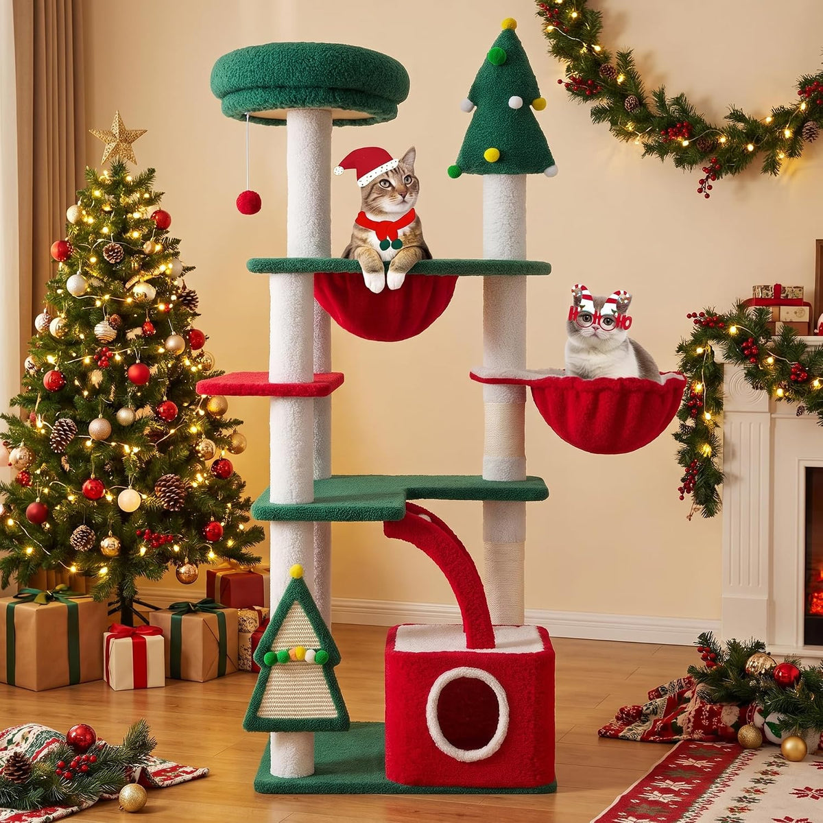 SHA CERLIN 67in Tall Cat Tree/Climbing Tower with Top Perch, Hammock, Sisal Scratching Posts/Cute Condo for Indoor Kitties/Pet Feline House/Activity Center/Christmas Decor/Green & Red