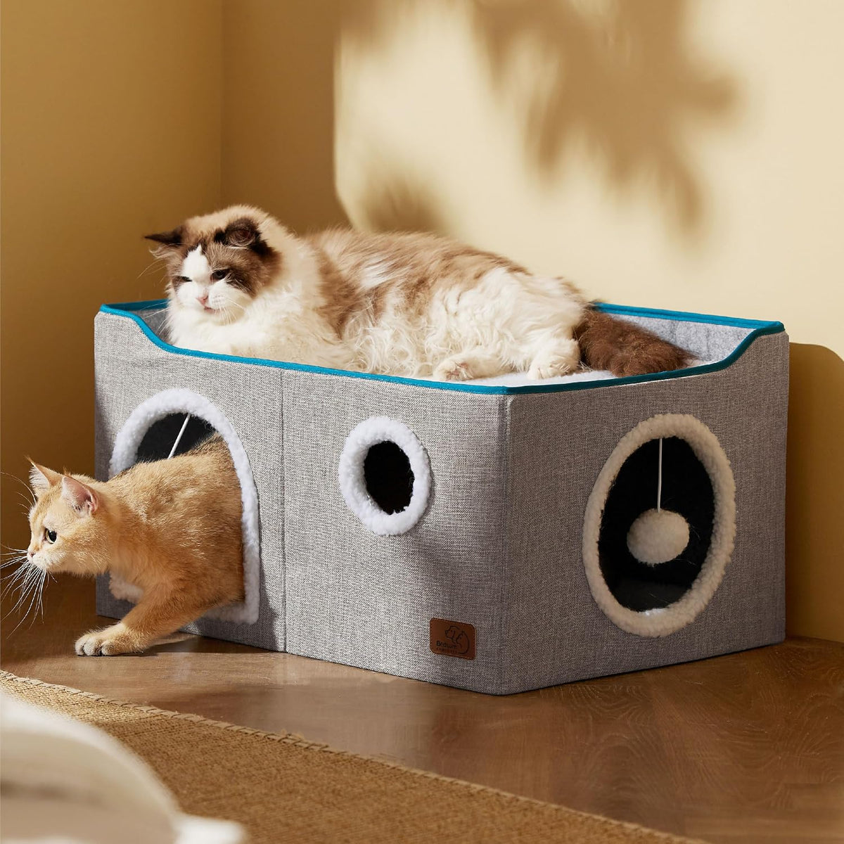 Bedsure Extra Wide Cat House Bed with Fluffy Ball and Scratch Pad,Grey | 23.6x16.9x13 in,Indoor Cat Cave for Multiple Pets, Foldable Cat Hideway Cube for Sleeping Large Cat and Kitten