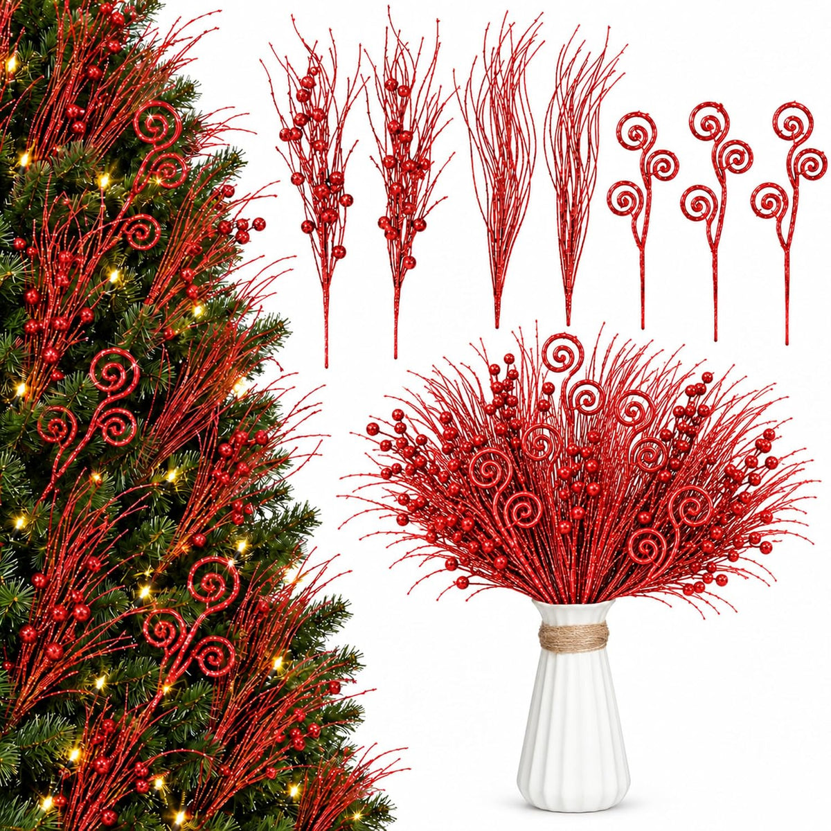 48 Pcs Red Christmas Tree Picks and Sprays Glitter 17" Berry Stems