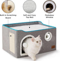 Bedsure Extra Wide Cat House Bed with Fluffy Ball and Scratch Pad,Grey | 23.6x16.9x13 in,Indoor Cat Cave for Multiple Pets, Foldable Cat Hideway Cube for Sleeping Large Cat and Kitten