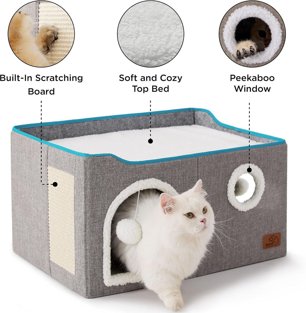 Bedsure Extra Wide Cat House Bed with Fluffy Ball and Scratch Pad,Grey | 23.6x16.9x13 in,Indoor Cat Cave for Multiple Pets, Foldable Cat Hideway Cube for Sleeping Large Cat and Kitten