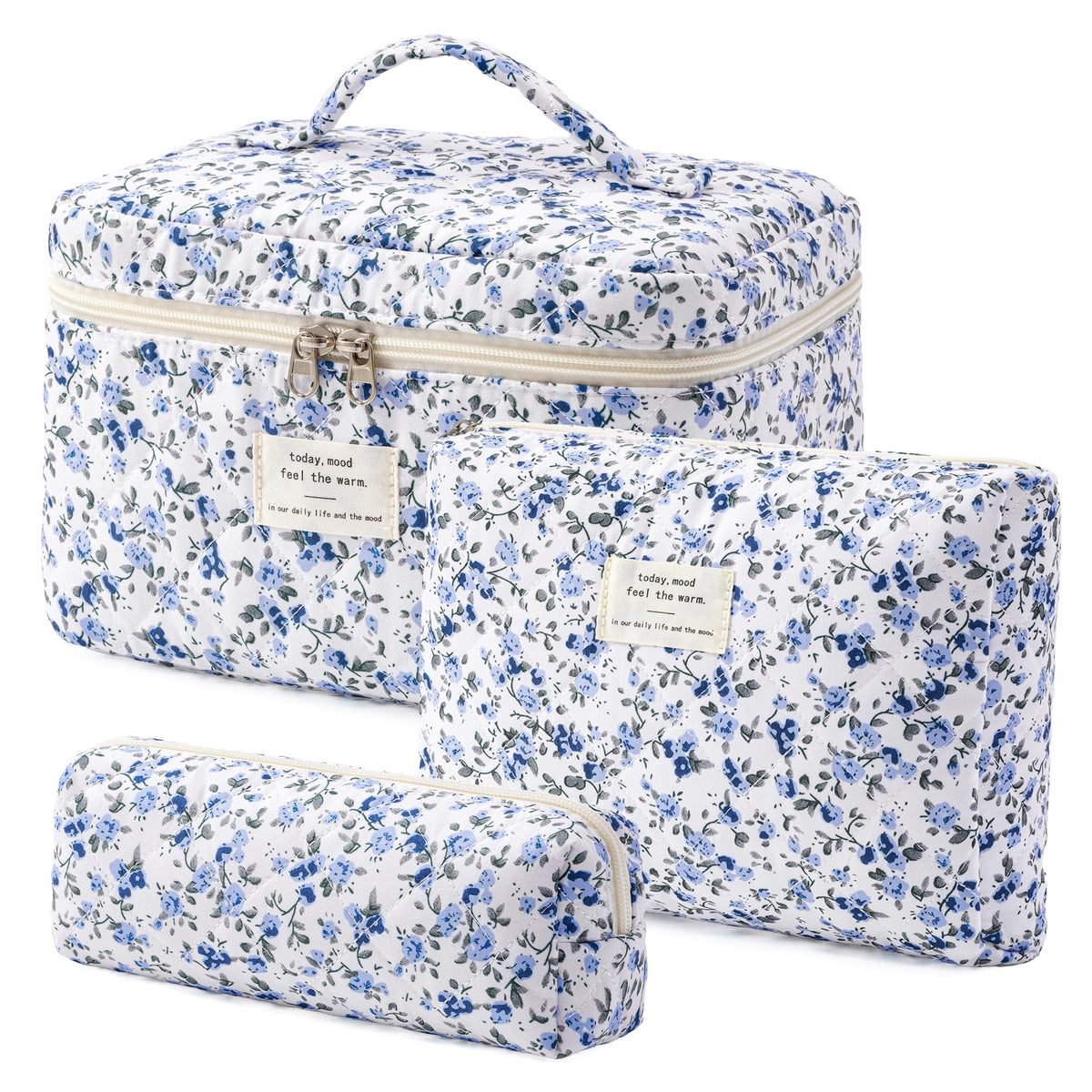 HBselect Quilted Makeup Bag, 3PCS Cotton Large Travel Makeup Bag, Cute Floral Coquette Make up Bag Cosmetic Bag Toiletry Bag for Women Girls