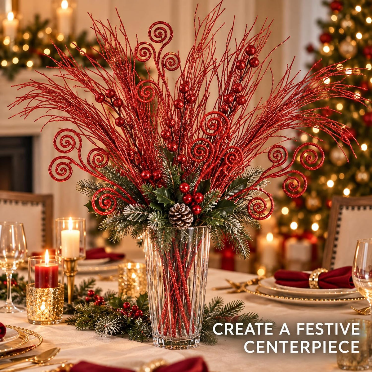 48 Pcs Red Christmas Tree Picks and Sprays Glitter 17" Berry Stems