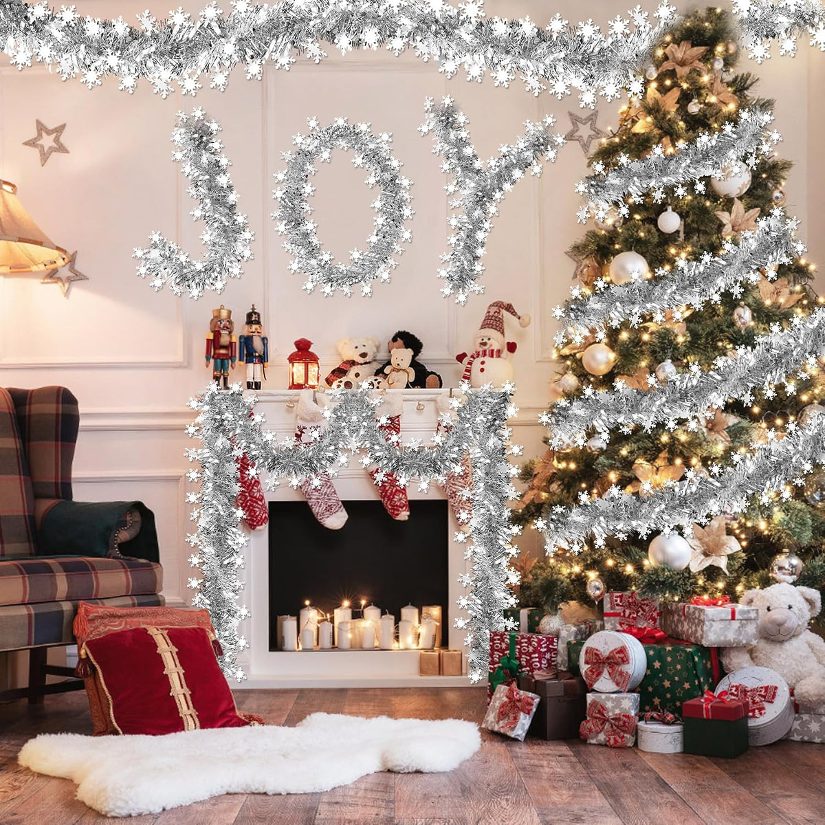 50 FT Christmas Decorations Tinsel Garland, Christmas Snowflake Garland Xmas Shiny Twist Metallic Garlands Decorations for Xmas Tree Home Indoor Outdoor Holiday Xmas Party Decor