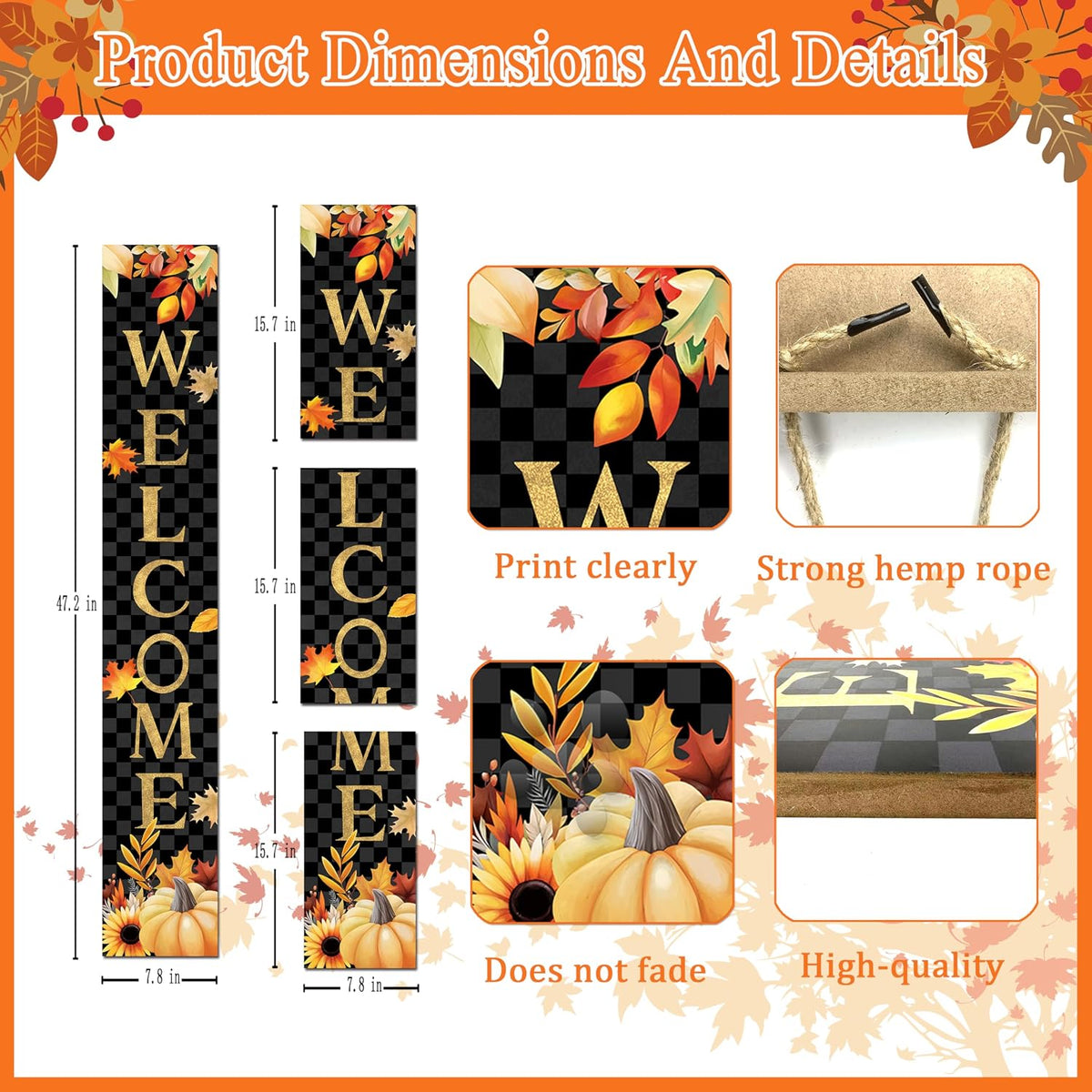 Fall Wooden Porch Sign 47" Autumn Pumpkin Maple Leaf Front Door Welcome Sign Vertical Standing Sign For Garden Home Yard Farmhouse Thanksgiving Decor