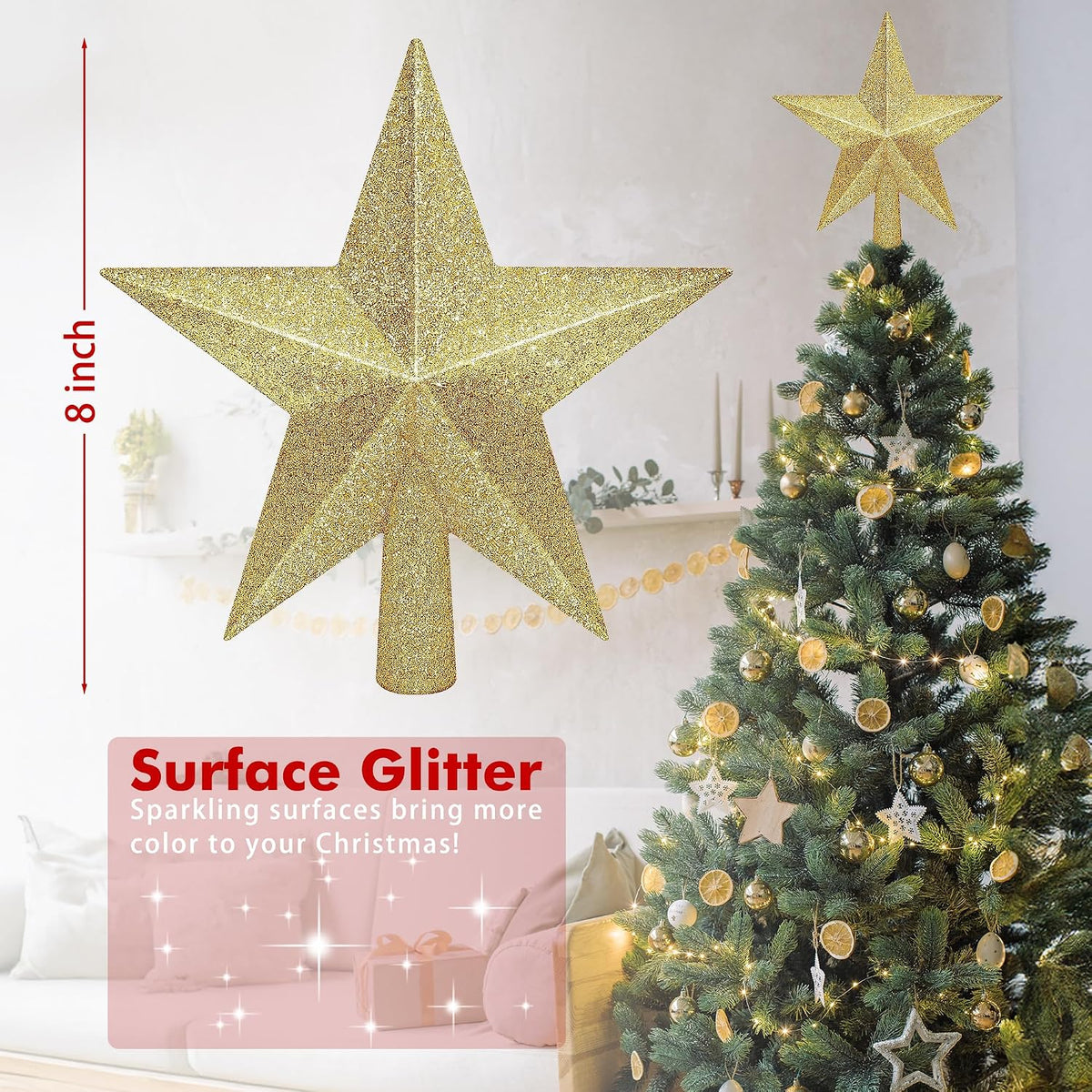 Christmas Tree Star Topper, 8" Gold Glitter Xmas Star Tree Decorations, 3D