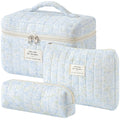 HBselect Quilted Makeup Bag, 3PCS Cotton Large Travel Makeup Bag, Cute Floral Coquette Make up Bag Cosmetic Bag Toiletry Bag for Women Girls