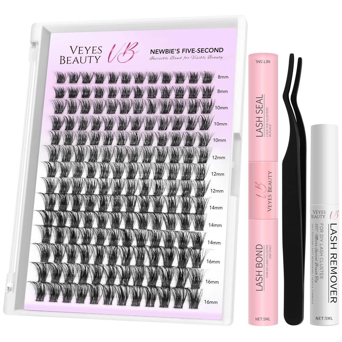 VEYESBEAUTY Lash Clusters Individual Eyelash Extensions Thin & Invisible Band DIY False Eyelashes for Self-application Newbie's Five-Second Series Wispy Lash Tray, Dreamy 8-16mm Mixed Length