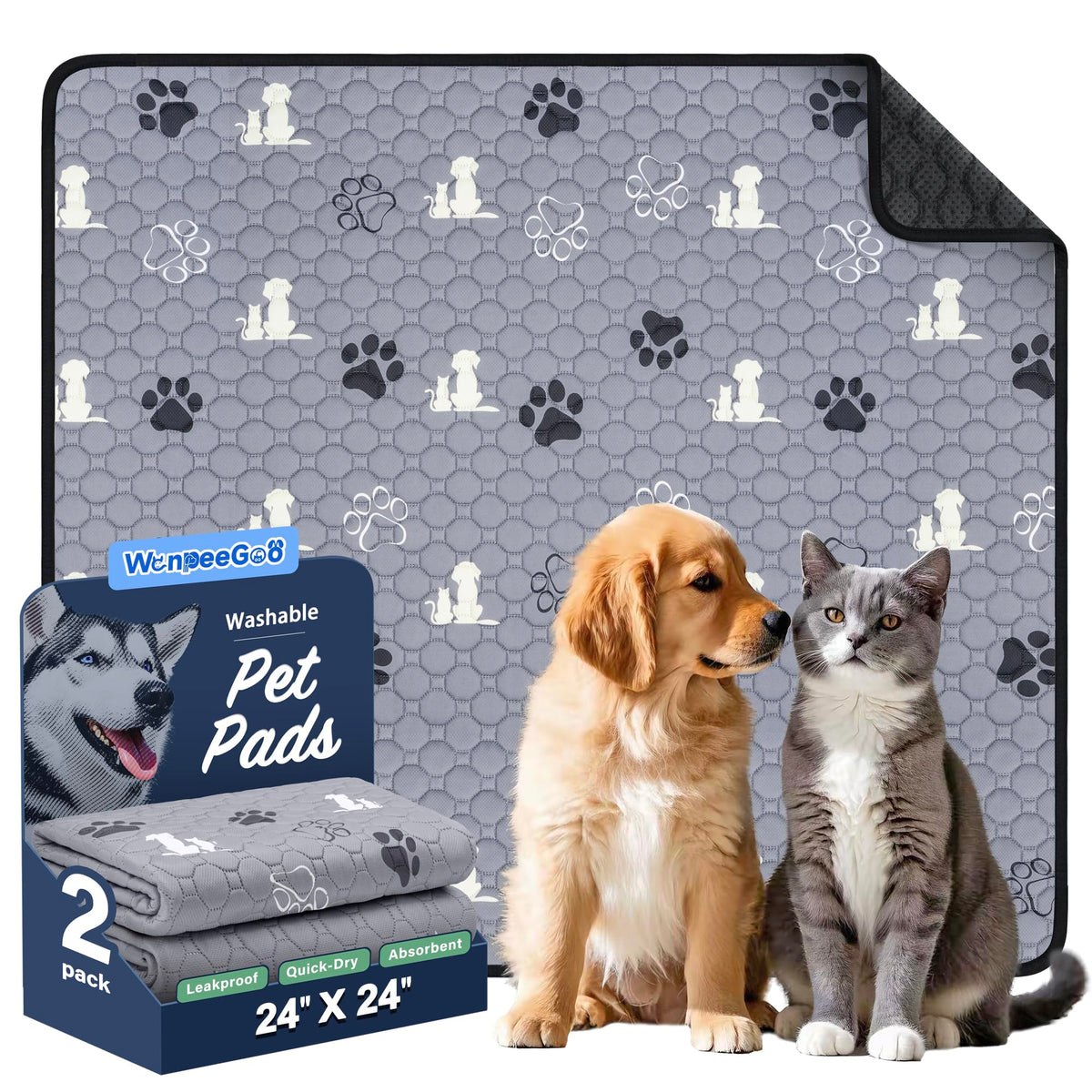 WanpeeGoo Washable Pee Pads for Dogs, Waterproof, 18 x 24 in, 4 Pack, Gray | Super Absorbent, Waterproof and Non-Slip; Washable, Reusable Dog Pads for Crates, Playpens, Floors, Furniture and Travel